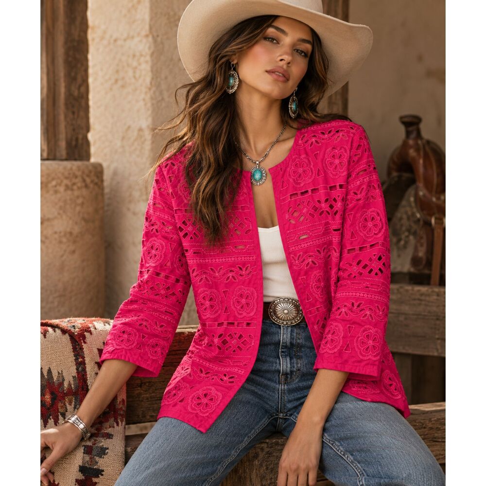 Chico’s Fuchsia Pink Embroidered Cutwork Open Front Jacket Size 2 (L)